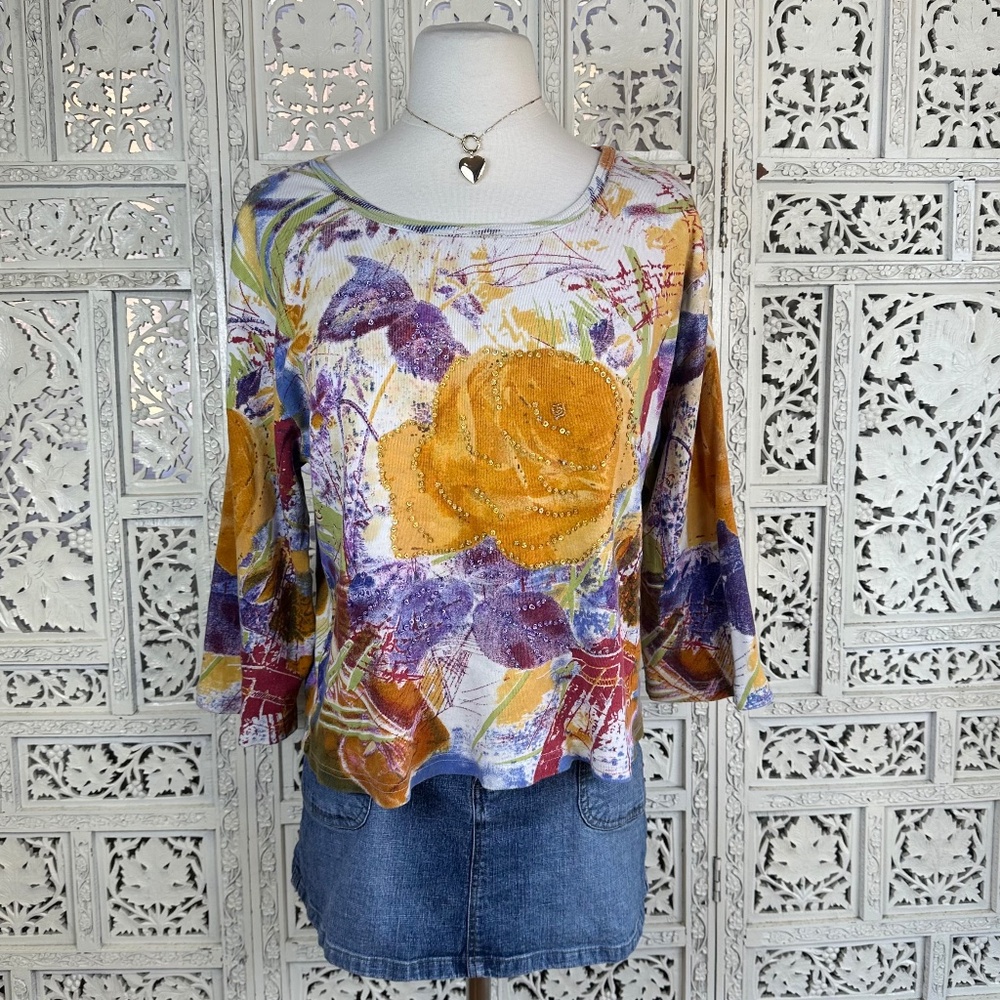 Y2K Take Two‎ Floral Euro Beaded Sequin Graphic 3/4 Sleeve Ribbed Top Sz XL
